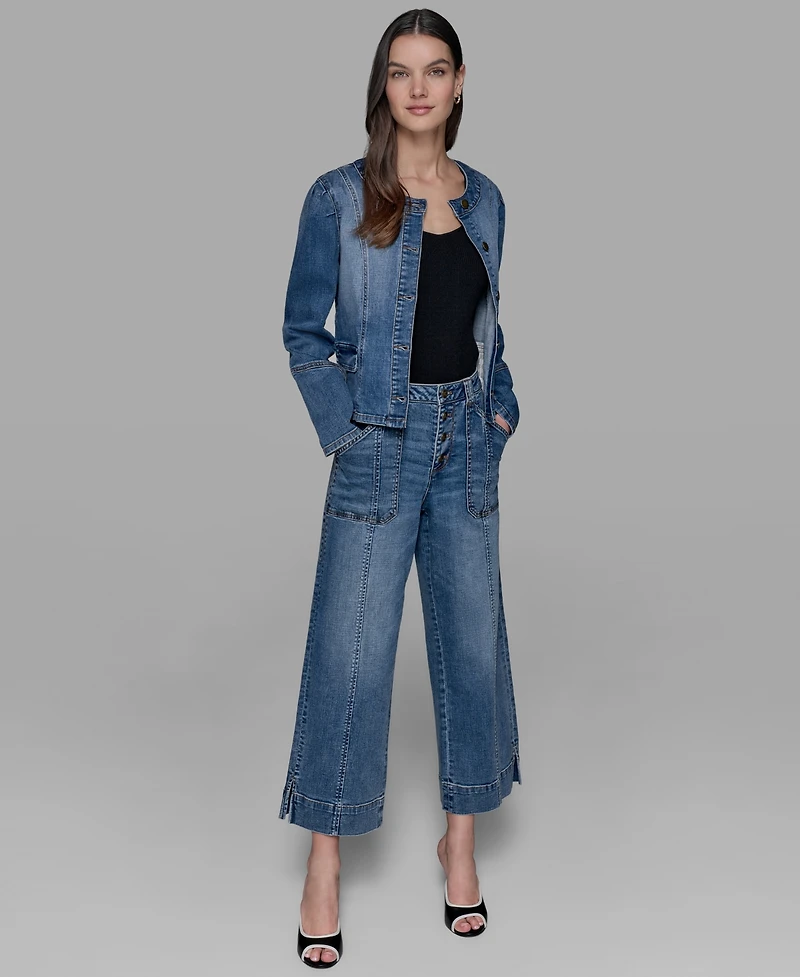 Karl Lagerfeld Paris Petite Crewneck Button-Front Denim Jacket