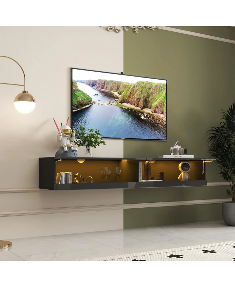 Streamdale 180 Wall Mounted Floating 80" Tv Stand with 20 Color LEDs and Charging Station