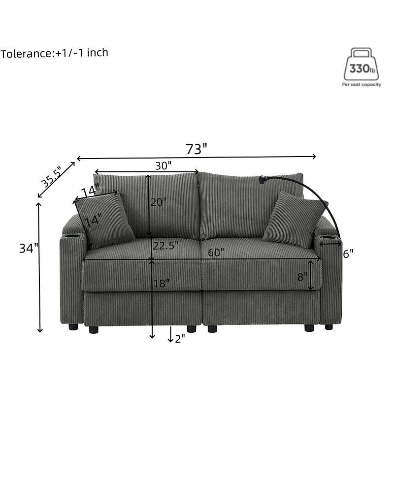 Streamdale Modern 2-Piece Corduroy Sofa Set with Storage, Cup and Phone Holders