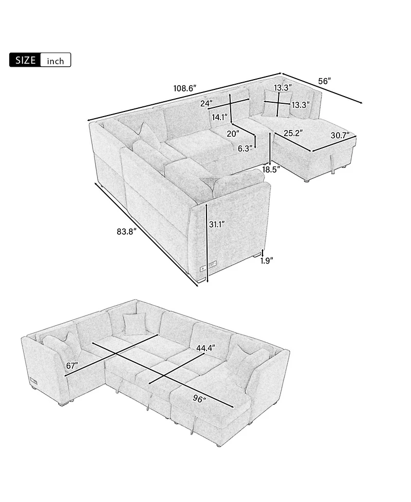 Streamdale Furniture 108" U-Shaped Sectional Sofa Bed with Storage Chaise, Usb Ports & Power Sockets