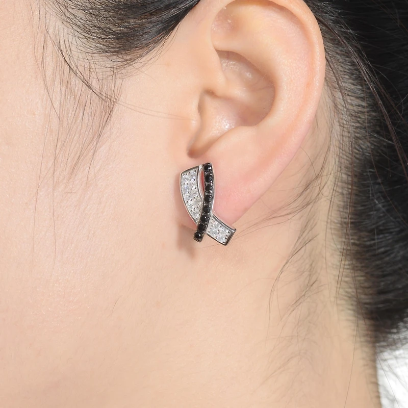 Sterling Silver Black Plating and White Gold Plating with Clear & Black Cubic Zirconia Accent Stud Earrings