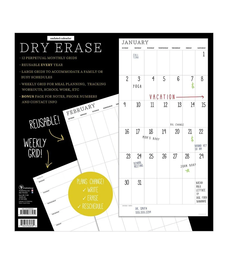 Undated 12" x 12" Dry Erase Vertical Wall Calendar