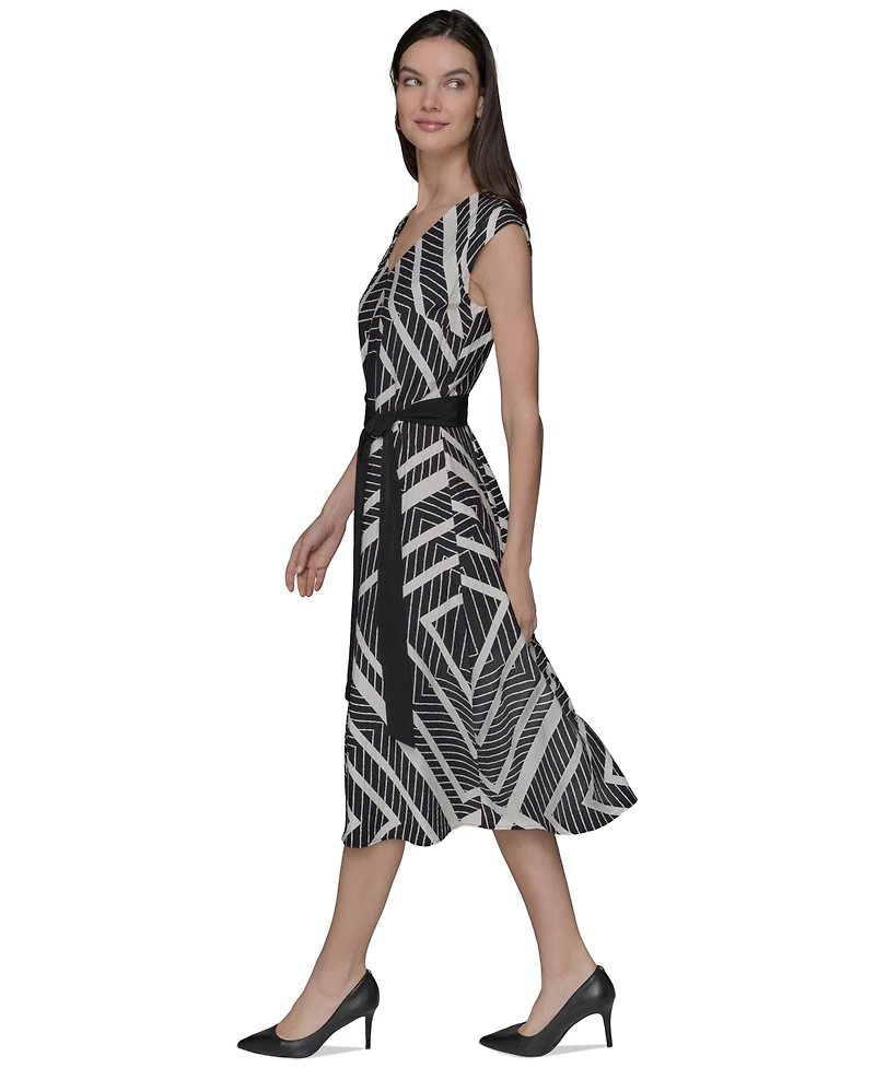 Karl Lagerfeld Paris Women's Geo-Print Belted V-Neck Midi Dress