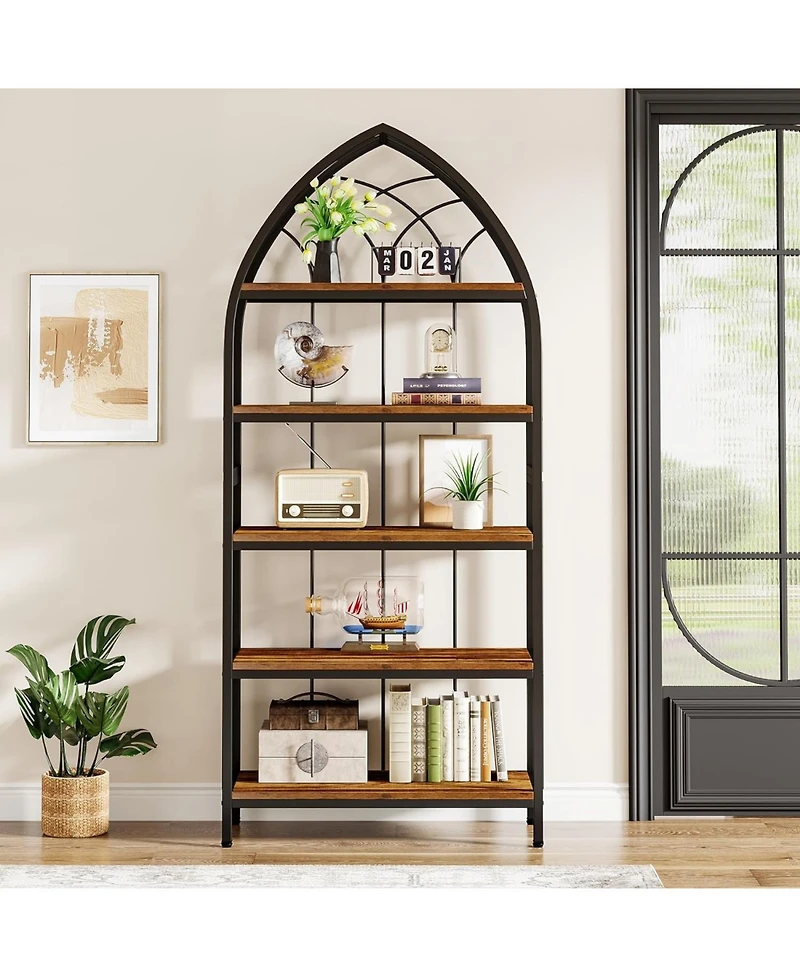 Tribesigns Tall Bookshelf, Industrial Curved Freestanding Display Shelf, Wood Storage Shelves with Metal Frame for Living Room