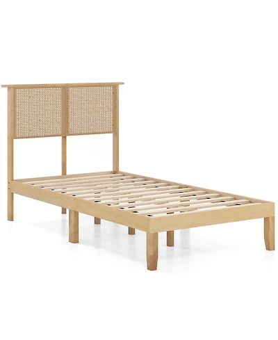 Gymax Twin Size Bed Frame w/ Rattan Headboard 10 Solid Wood Legs & 12 Wooden Slats