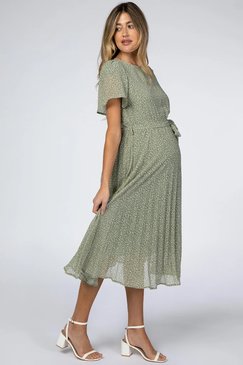 Pinkblush Maternity Light Olive Leaf Print Pleated Midi Dress