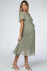 Pinkblush Maternity Light Olive Leaf Print Pleated Midi Dress