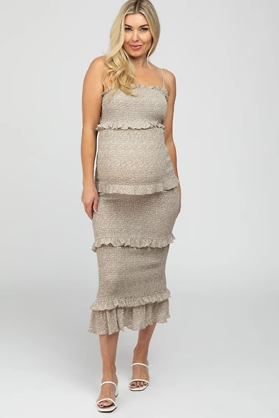 Pinkblush Maternity Taupe Leaf Print Smocked Fitted Midi Dress