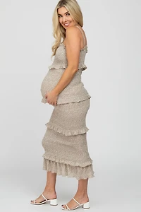 Pinkblush Maternity Taupe Leaf Print Smocked Fitted Midi Dress