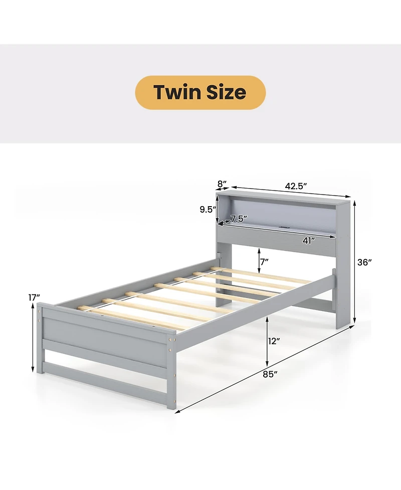 Gymax Twin Wooden Bed Frame w/ Charging Station & Led Light Storage Headboard