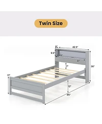 Gymax Twin Wooden Bed Frame w/ Charging Station & Led Light Storage Headboard