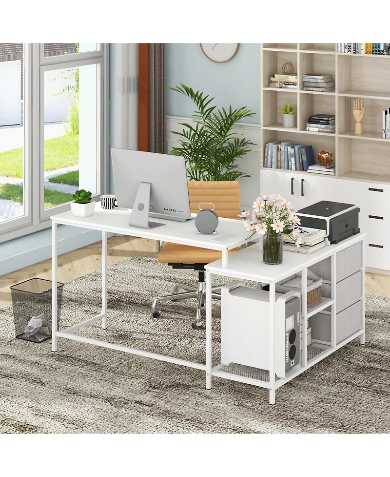 L-shaped Computer Desk with Power Outlet for Working Studying Gaming