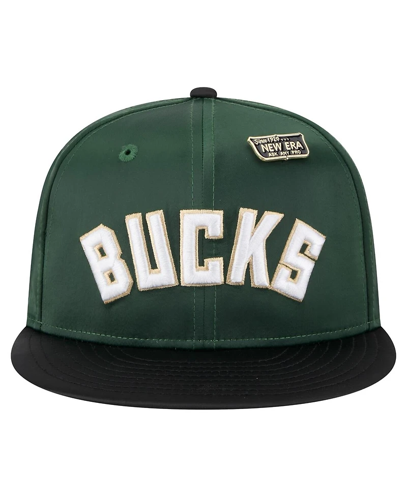 New Era Men's Hunter Green/Black Milwaukee Bucks Throwback Satin Vintage Pin Two-Tone 59FIFTY Fitted Hat