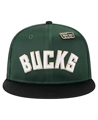 New Era Men's Hunter Green/Black Milwaukee Bucks Throwback Satin Vintage Pin Two-Tone 59FIFTY Fitted Hat