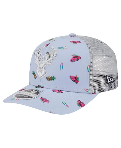 New Era Men's Light Blue/Gray Milwaukee Bucks Adventure Aloha Pattern 9SEVENTY Stretch-Snap Hat