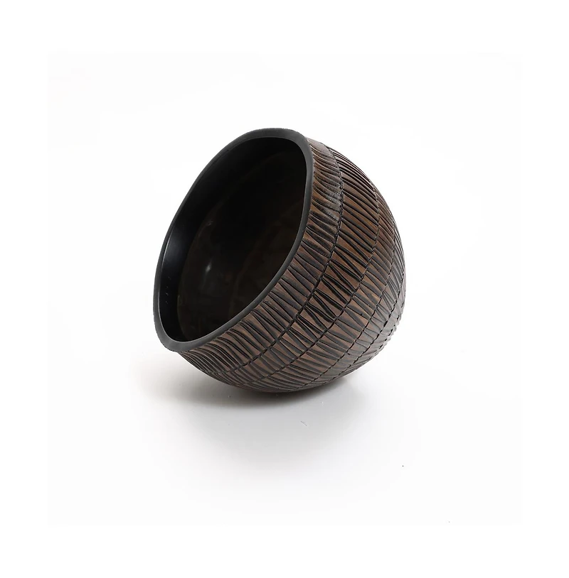 LuxenHome Brown with Black V-Pattern Polyresin -Inch Round Planter