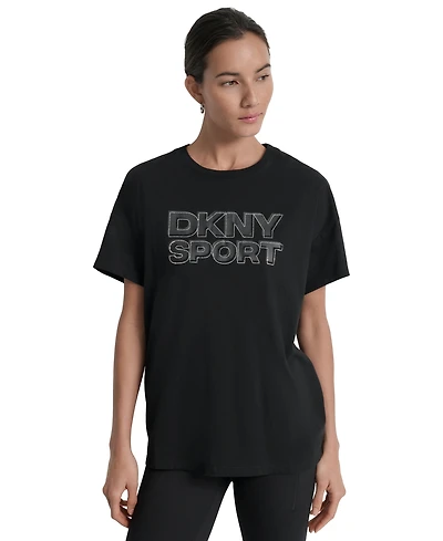 Dkny Sports Women's Rhinestone-Logo Drop-Shoulder T-Shirt