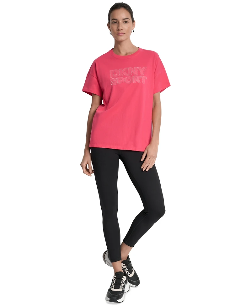 Dkny Sports Women's Rhinestone-Logo Drop-Shoulder T-Shirt