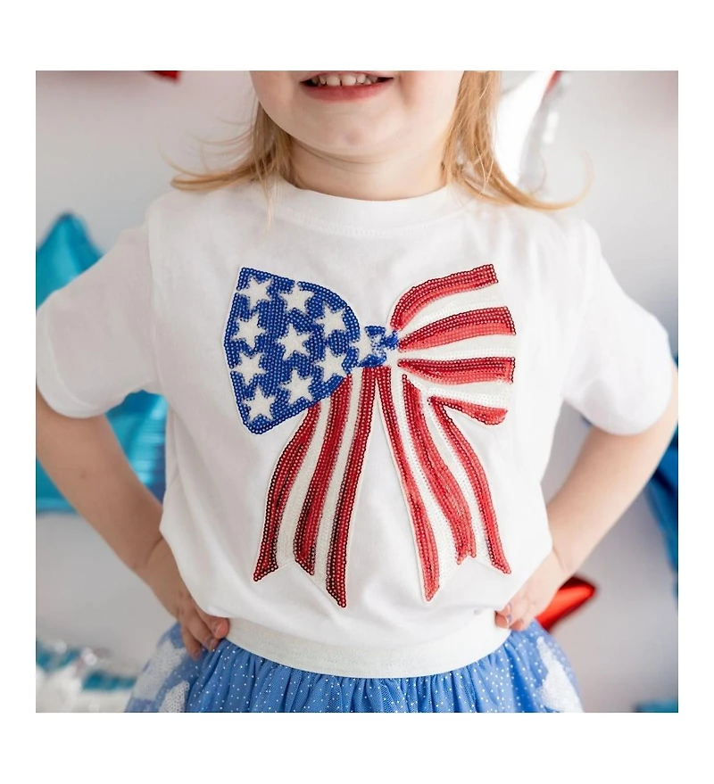 Sweet Wink Toddler Girls Patriotic Sequin Bow Patch Short Sleeve T-Shirt