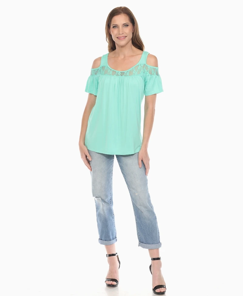 White Mark Women's Cold Shoulder Lace Trim Knit Top