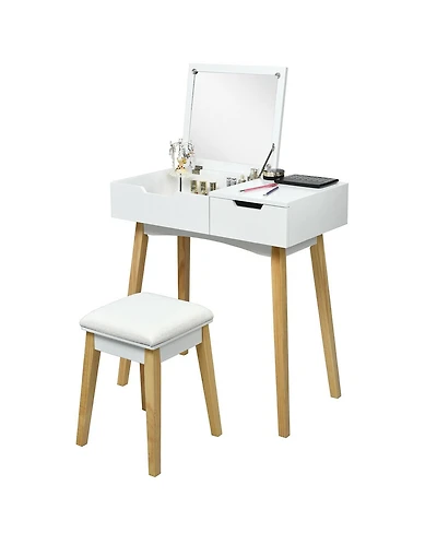 Wooden Vanity Table with Flip Top Mirror and Cushioned Stool