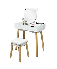 Wooden Vanity Table with Flip Top Mirror and Cushioned Stool