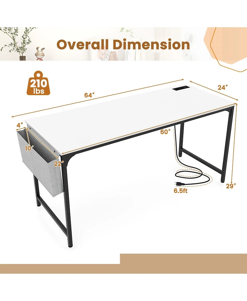 60 Inch Computer Desk with Charging Station Storage Bag