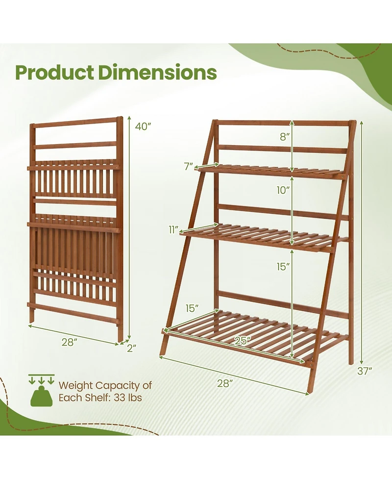 3-Tier Bamboo Ladder Shelf Foldable Plant Flower Bookshelf