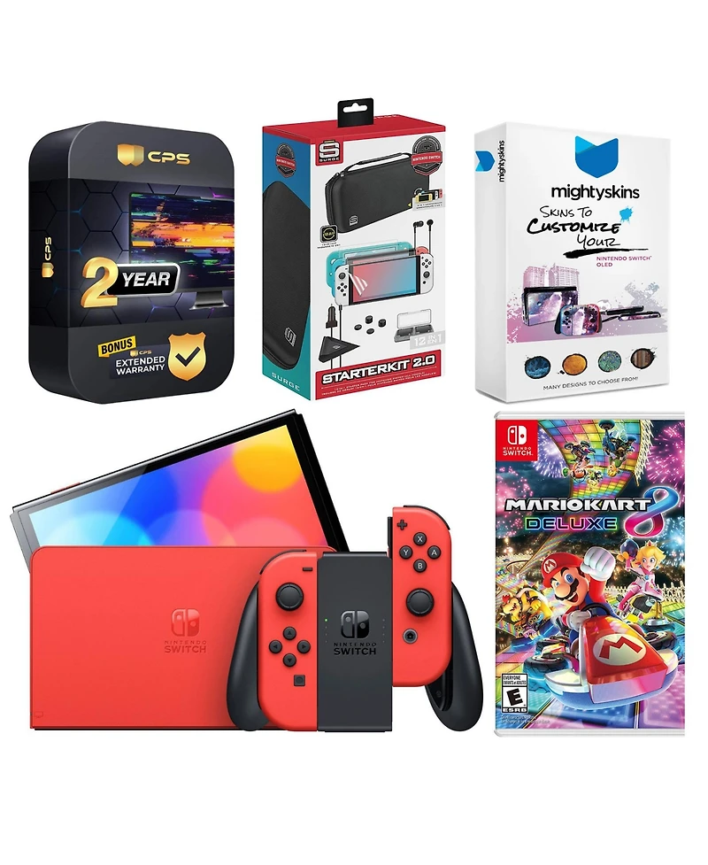 Nintendo Switch Oled Mario Red Edition with Mario Kart 8 Deluxe, Surge Accessory Gaming Kit, MightySkins Console and Controller Skin Voucher and 2 Yea