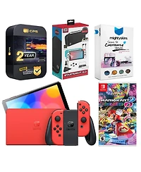 Nintendo Switch Oled Mario Red Edition with Mario Kart 8 Deluxe, Surge Accessory Gaming Kit, MightySkins Console and Controller Skin Voucher and 2 Yea