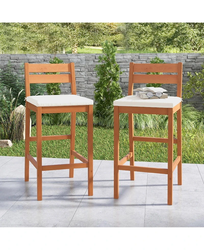 Gymax Patio Eucalyptus Wood Bar Stools Set of 2 Outdoor Bar Height Patio Chairs w/ Cushions