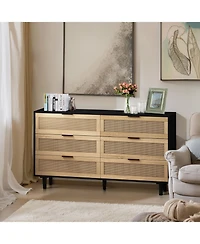 51.18" 6-Drawers Rattan Storage Cabinet Rattan Drawer, for Bedroom, Living Room, Black (Same Sku:W757112779