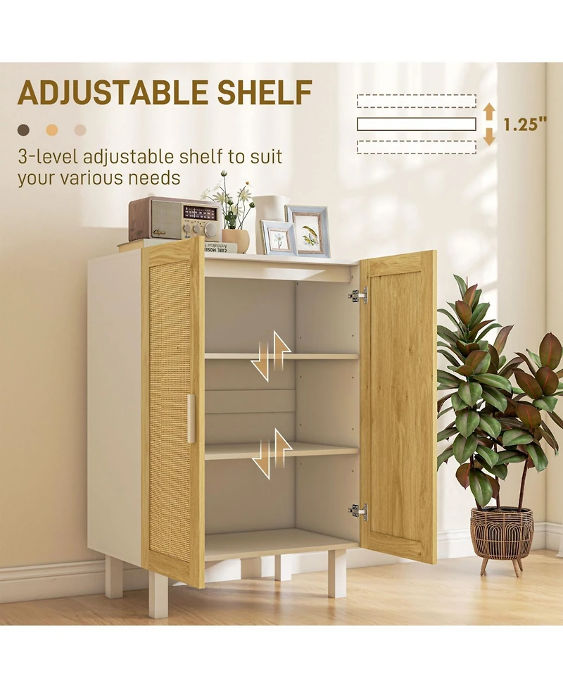 Sideboard Buffet Cabinet, Kitchen Cabinet, Coffee Bar Cabinet with 2 Rattan Doors and Adjustable Shelves, White and Natural
