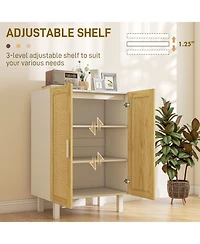 Sideboard Buffet Cabinet, Kitchen Cabinet, Coffee Bar Cabinet with 2 Rattan Doors and Adjustable Shelves, White and Natural