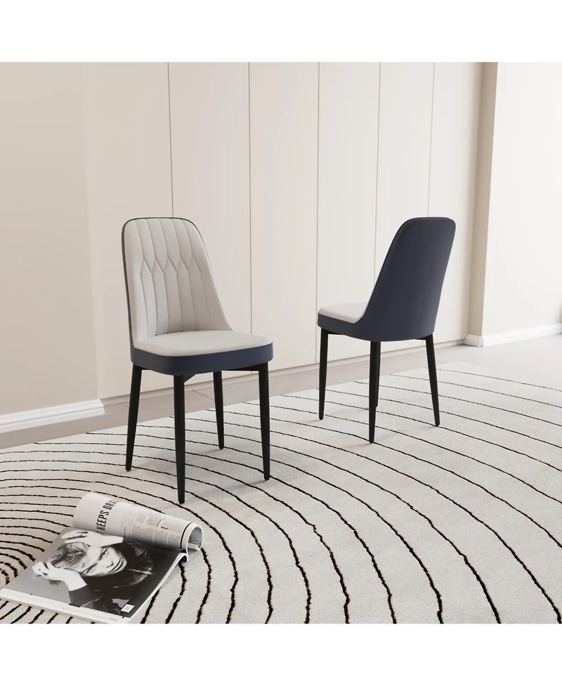 Streamdale Set of 2 Modern Dining Chairs with Pu Leather Cushions, Black Metal (White and Blue)