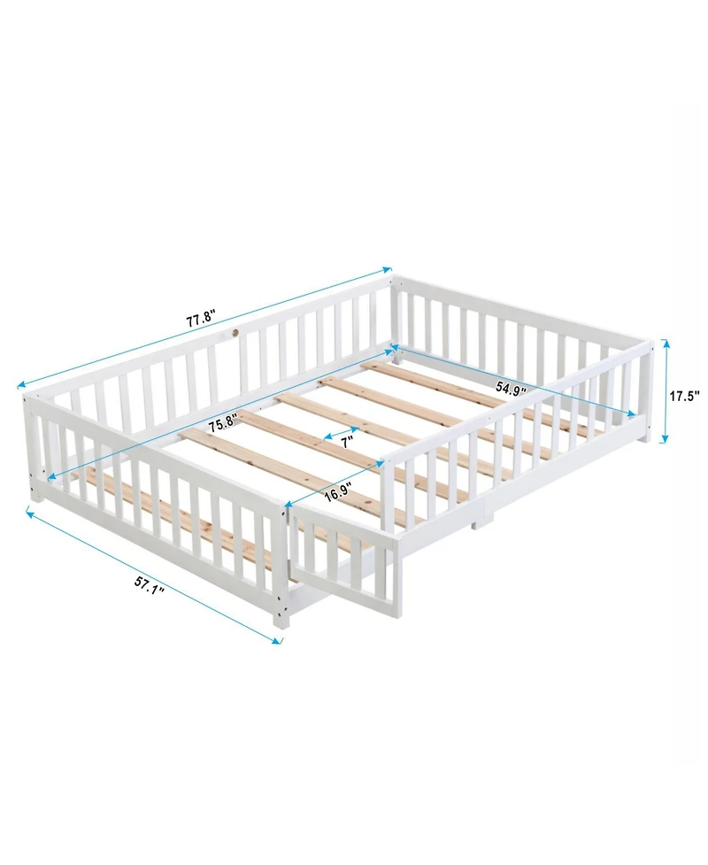 Solid Wood Floor Bed with Door & Fence - White