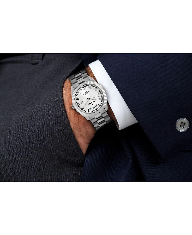 Peugeot Men's 40mm Silver Face Fluted Bezel Stainless Steel Bracelet Watch