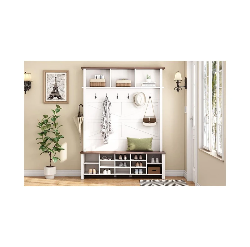 Farmhouse Hall Tree: Bench, Shelves, Hooks, & Shoe Storage
