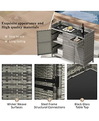 Wicker Outdoor Storage Cabinet & Bar Table Combo