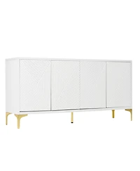 White Wood Buffet Cabinet with Carved Doors & Storage