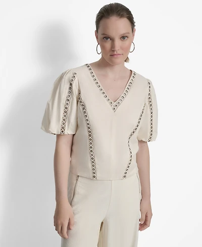 Dkny Women's Cotton Grommet-Trim Puffed-Sleeve Top