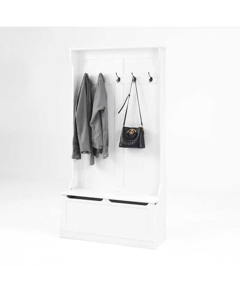 Entryway Bench with Coat Rack, Shoe Storage, & Hooks - White