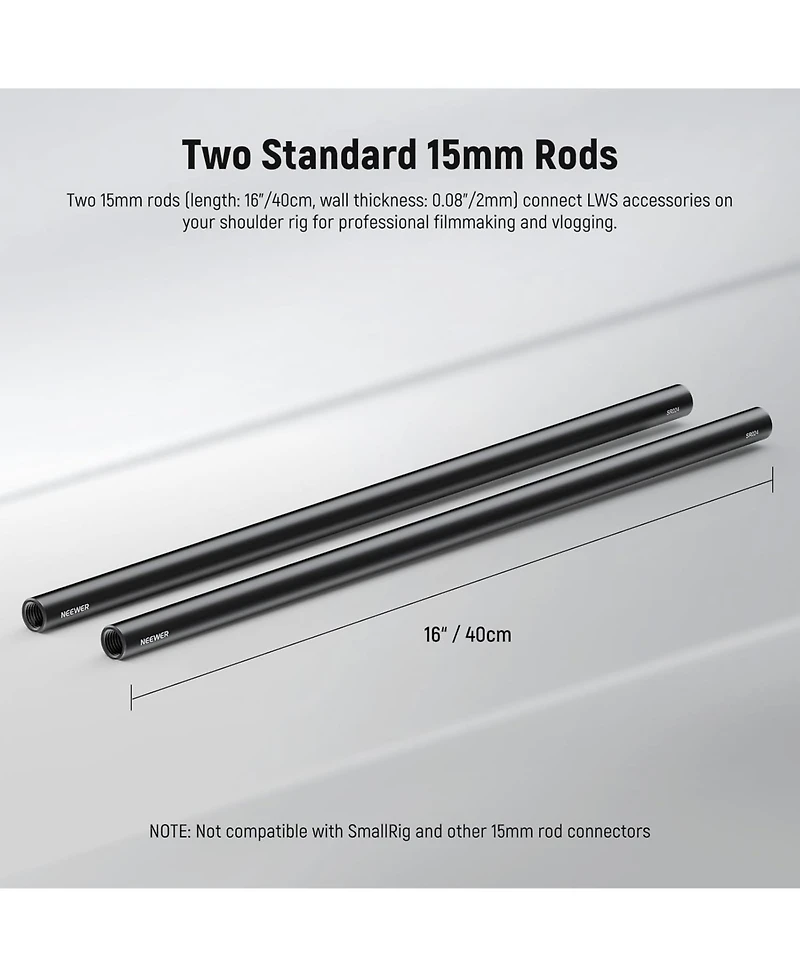 Neewer Aluminum Alloy Extendable 16"/40cm Long 2 Pack 15mm Extension Rods for Lws Rod Rail System Shoulder Rig Video Rig Baseplate, SR024