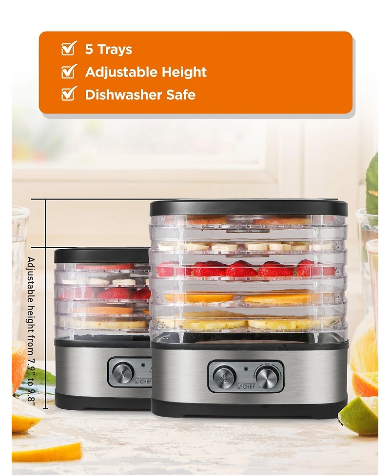 Commercial Chef Food Dehydrator with 5 Adjustable Height Trays, Stainless Steel
