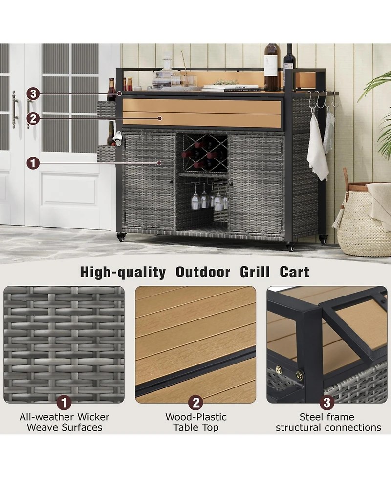Wicker Grill Cart with Table Top & Storage