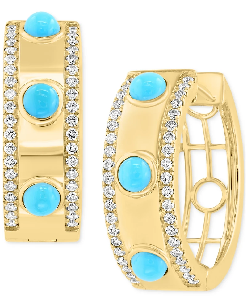 Effy Turquoise (3mm) & Diamond (3/8 ct. t.w.) Small Hoop Earrings in 14k Gold-Plated Silver, 0.72"