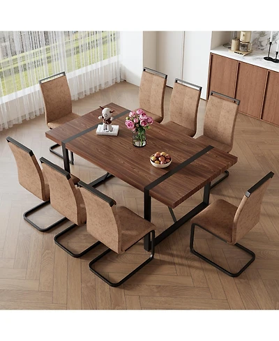 Industrial Walnut Table with 8 Brown Tech Fabric Chairs