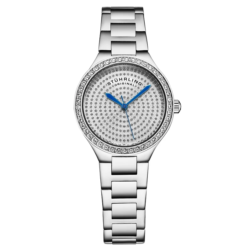 Stuhrling Original Women's Quartz Watch – Silver Dial with Swarovski Crystals & Triple-Row Stainless Steel Bracelet