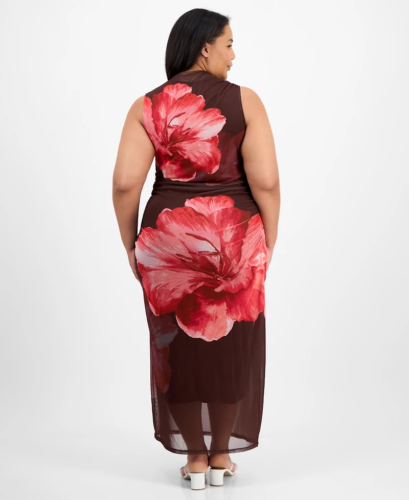 Madden Girl Trendy Plus Size Ruched Floral-Print Mesh Dress