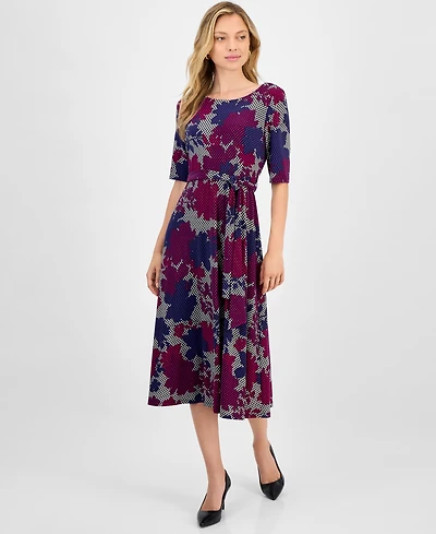 Kasper Women's Printed Tie-Waist Elbow-Sleeve Midi Dress